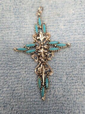 Large Auth Zuni Cross Pendant Chain Sterling Silver Turquoise Needlepoint